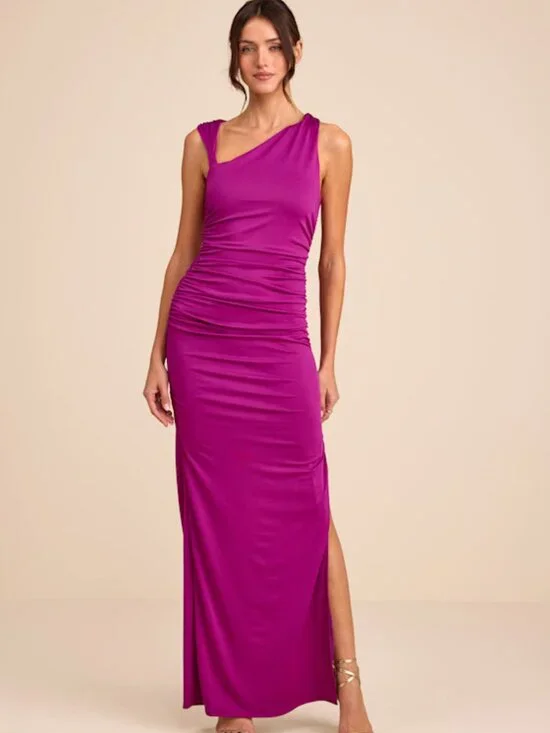 Lulus Enticing Darling Magenta Asymmetrical Ruched Maxi Dress Purple - Size M - Picture 1 of 1